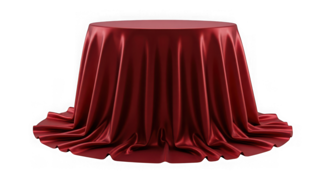 Round table covered with luxurious red satin cloth presentation