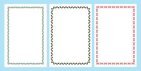 Set of simple Christmas frames with pattern of branches, leaves and bows. Blank template for letters, cards, invitations and social media.