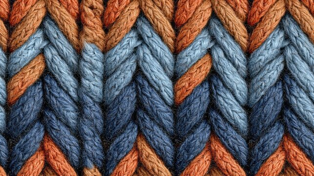 Three colored yarn strands create a continuous herringbone texture in a close up view