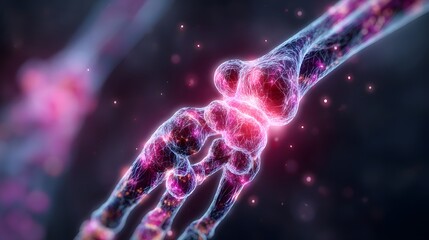 Illuminated microscopic view depicts interconnected structure of a limb joint in vibrant magenta and purple tones