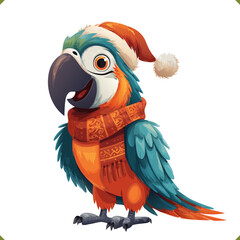 Fototapeta premium Vector illustration of a parrot wearing a warm hat and scarf, cute winter bird, isolated on a white background
