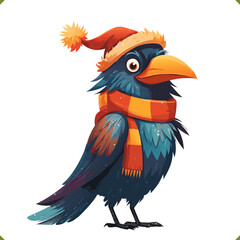 Fototapeta premium Vector illustration of a crow wearing a warm hat and scarf, cute winter bird, isolated on a white background