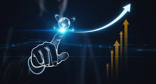 Global Business Growth and Digital Transformation Concept: Hand Touching Atom Earth Icon to Trigger Financial Success Arrow and Future Innovation - Powered by Adobe