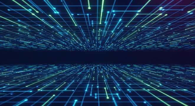 A digital grid with blue and green lines and dots, creating a futuristic and technological atmosphere.