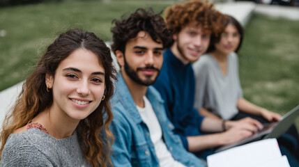 Obraz premium Group of diverse young friends sitting together outdoors and looking at camera