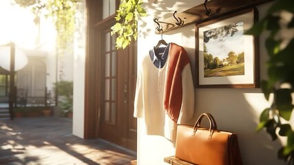 Cozy home entrance with sweater and leather bag in warm sunlight