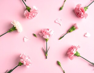 Carnations scattered on a pink surface creating a floral pattern