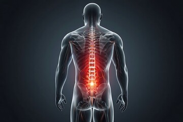Human spine highlighted in red showing pain and inflammation in the lower back