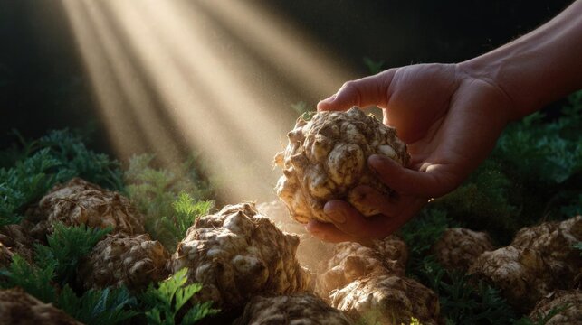 Hand holding a large, round object in the middle of a field. - Powered by Adobe