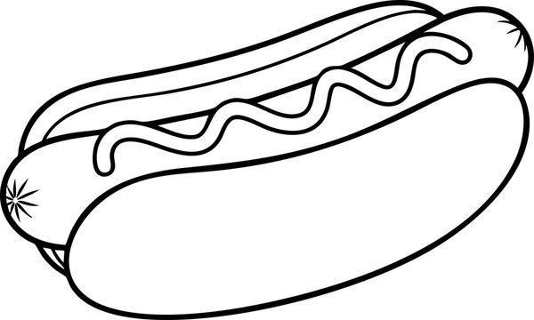 Hot dog with sauce topping, black and white line art vector illustration.