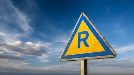 Weathered triangular information sign bearing the letter R is mounted against a bright blue sky with scattered clouds.