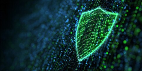 Illuminated digital shield symbol glows brightly against a dark background of flowing binary data points