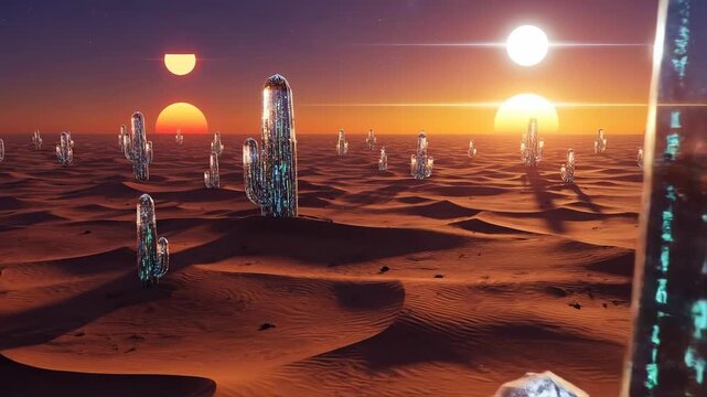 Futuristic Desert Landscape with Digital Cacti and Multiple Suns at Sunset.