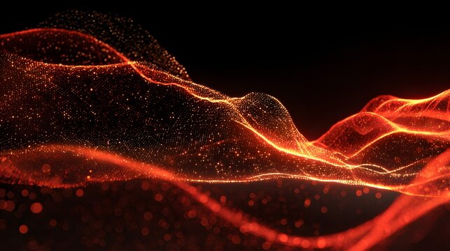 Illuminated flowing wave pattern composed of glowing orange particles against a dark background