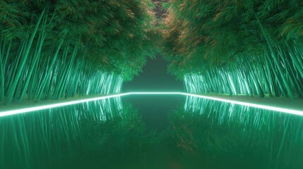 3d rendering of a tunnel-like structure made up of tall bamboo trees. the trees are arranged in a way that creates a sense of depth and dimension.
