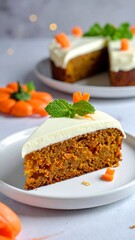 Carrot cake slice with cream cheese frosting and mint. Background of cake and pumpkins