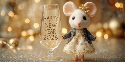 Felted wool mouse standing beside champagne glass engraved with Happy New Year 2026, symbolizing celebration, charm, and cozy festive joy in a golden dreamy atmosphere.
