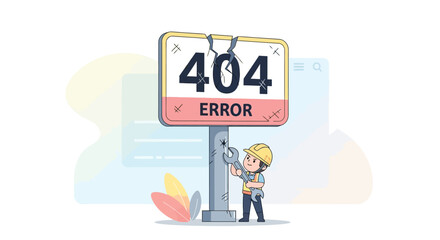404 Error Page - A Cartoon Mechanic Fixes a Broken Sign Representing a Website Not Found Issue
