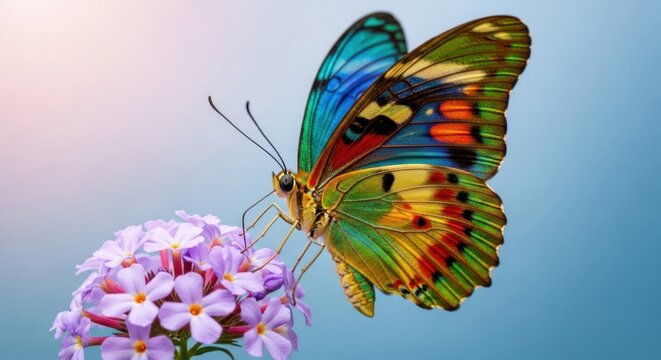 Vibrant butterfly with intricate wing patterns perched on a cluster of purple flowers