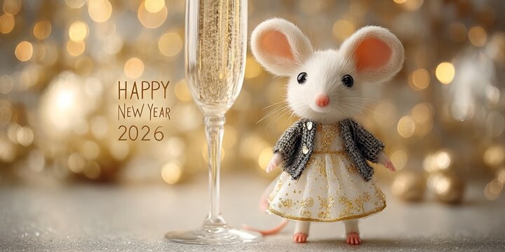 Festive mouse in golden dress posing next to champagne flute reading Happy New Year 2026, text, blending playful fantasy and sparkling luxury in joyful seasonal celebration.