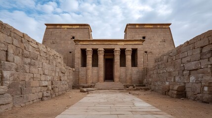 Obraz premium Ancient stone temple entrance with columns and massive weathered walls under a dramatic sky