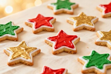 Colorful star-shaped cookies decorated with vibrant icing in red, green, and gold, arranged on a light surface, creating a festive holiday atmosphere for celebrations
