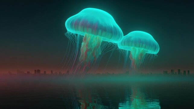 Two jellyfish floating on the surface of a body of water. the jellyfish are glowing blue and pink in color, with long, flowing tentacles extending outwards from their bodies.