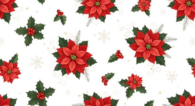 Christmas seamless pattern with red flowers and holly background
