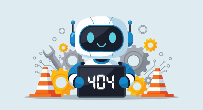 Funny robot holding a 404 error sign with gears and caution cones, representing website problems and technical issues