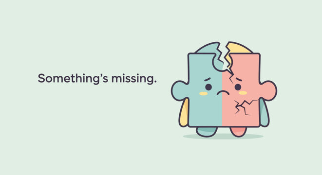 A sad, broken puzzle piece expressing a feeling of something missing, concept of incompleteness
