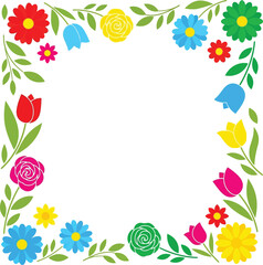 Vibrant square floral border with colorful blooming flowers and green leaves on white background