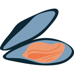 A Realistic Graphic Illustration Of A Blue Open Mussel Shell With A Pinkish Orange Mussel Inside On A Transparent Background