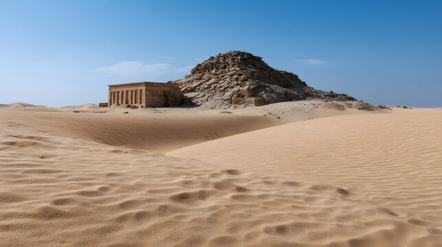 Ancient temple ruins and sand dunes under a clear blue sky in an arid desert landscape