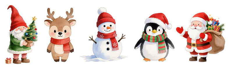 Fototapeta premium Christmas watercolor cartoon characters set with Santa, gnome, reindeer, snowman and penguin, isolated on transparent or white background. Festive collection.