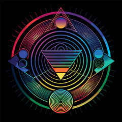 Colorful abstract circular pattern with wavy lines, gradient rainbow outline on black background, minimal geometric style vector art