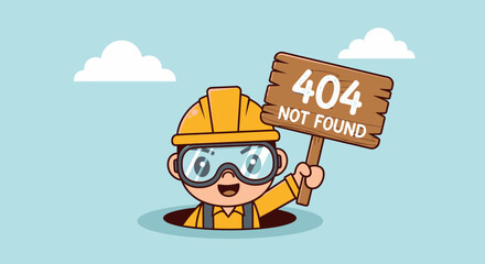 Error 404 Not Found Illustration Cartoon Construction Worker in Safety Gear Holding a Wooden Sign in a Manhole