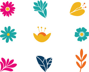 Collection of nine colorful abstract floral and leaf illustrations in a grid format with white background and bright vibrant colors