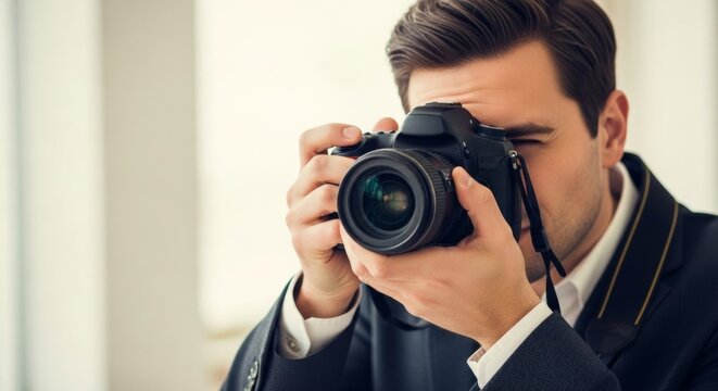 Young caucasian male photographer capturing image with camera indoors - Powered by Adobe