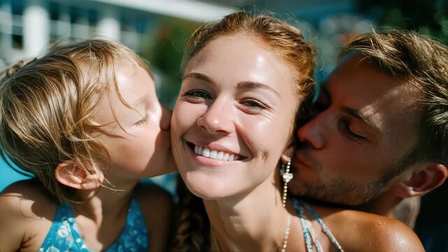 Joyful family moment as parents and child share kisses and smiles by a sunny pool