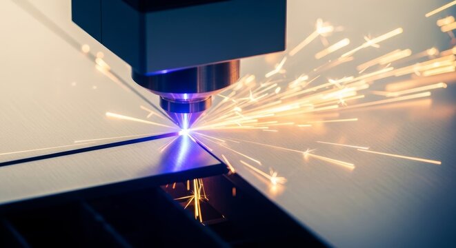 Precision laser cutting machine with sparks and metal sheet