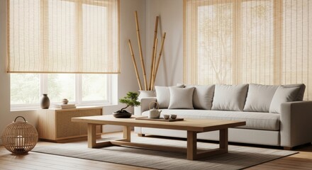 Modern minimalist living room with bamboo shades and wooden furniture