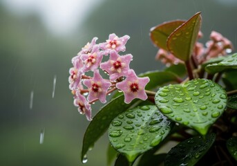 Delicate pink star shaped flowers with water droplets on leaves during rain