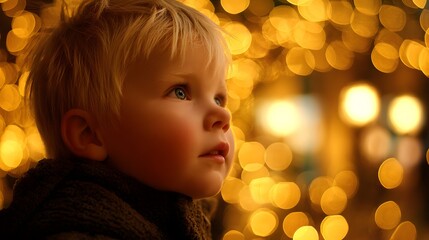 Fototapeta premium Young child gazes with wonder at a background of warm, golden holiday lights
