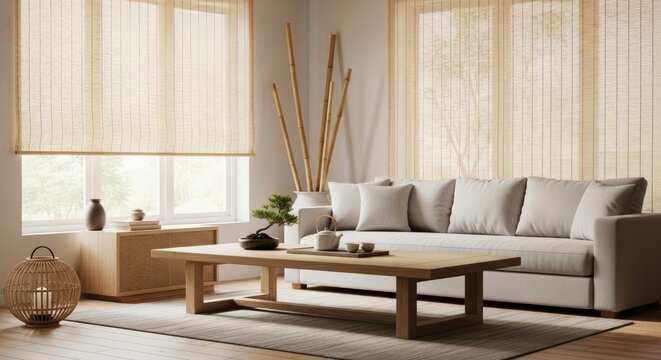 Modern minimalist living room with bamboo shades and wooden furniture