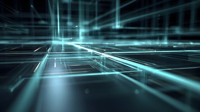 Glowing blue grid structure extends into a dark digital space