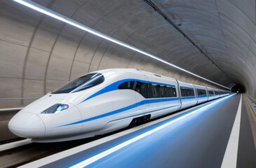 Modern High-Speed Train (Shinkansen) Traveling Fast in an Illuminated Tunnel