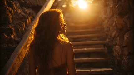 Woman ascending rough stone steps toward bright sunlight at the top of a passage