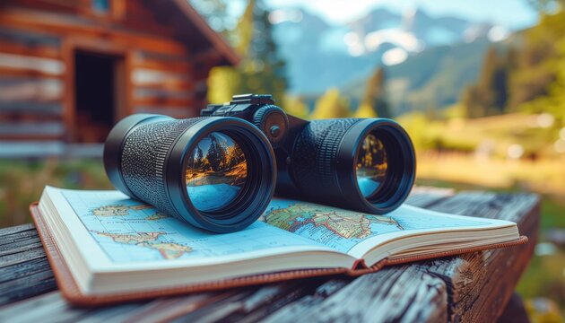 Binoculars on Map with Cabin and Mountains Background