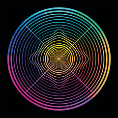 Colorful abstract circular pattern with wavy lines, gradient rainbow outline on black background, minimal geometric style vector art