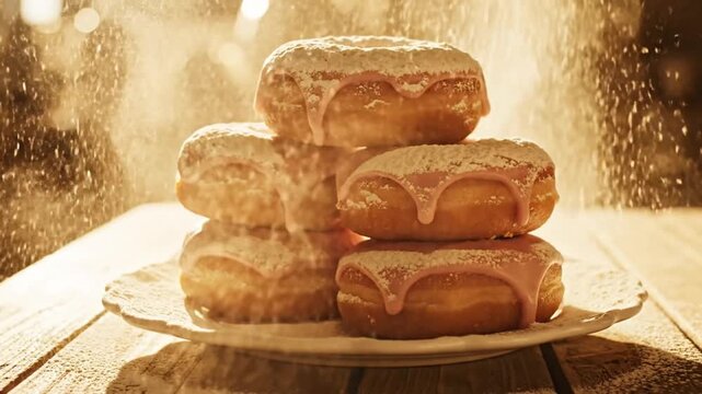 Delicious pink frosted donuts stacked on a wooden table, with powdered sugar dusting in the background